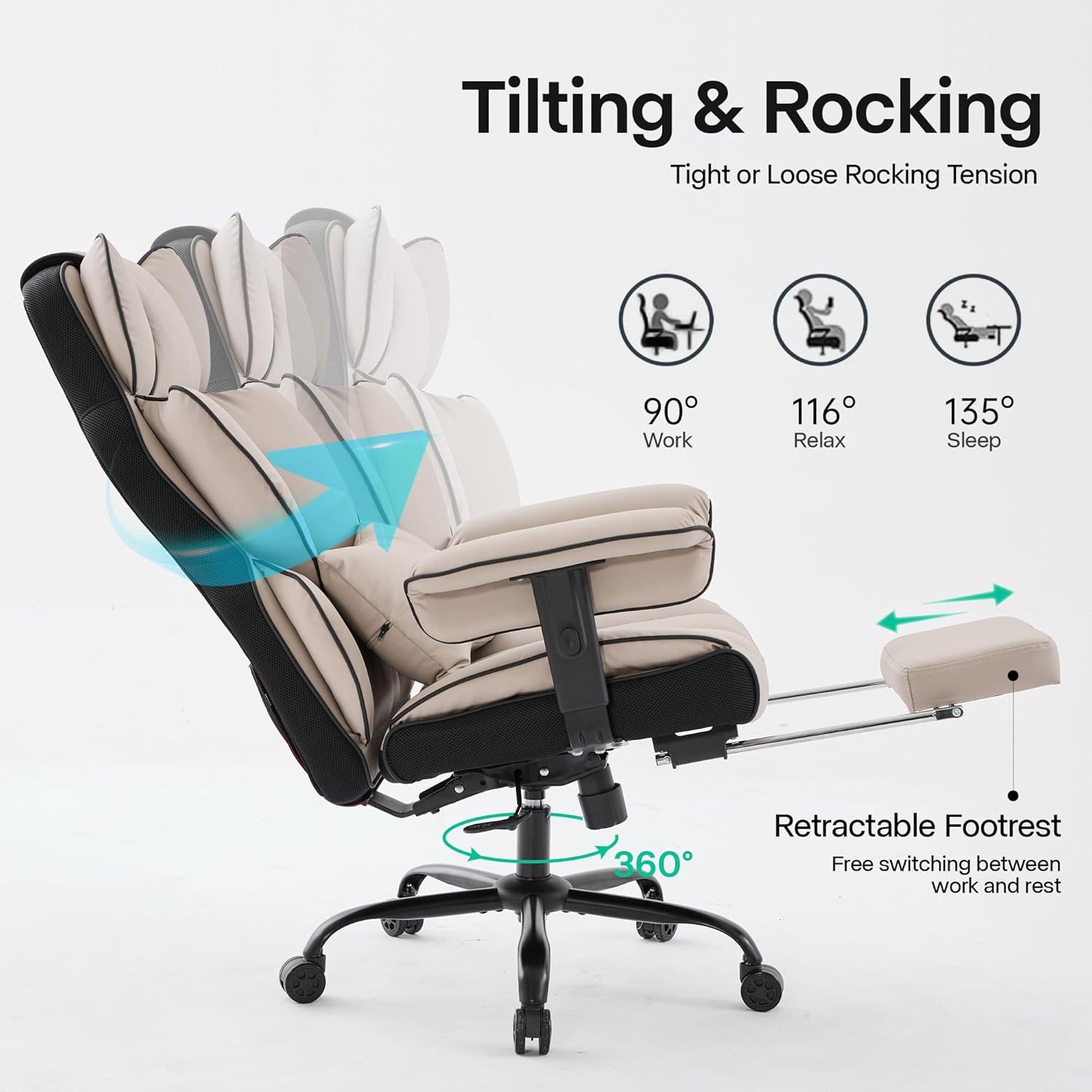 Gzagdecr - Silla de oficina grande y alta de 400 libras, silla de juego de piel sintético con respaldo alto, silla reclinable, silla de oficina ergonómica ejecutiva, soporte lumbar, silla de