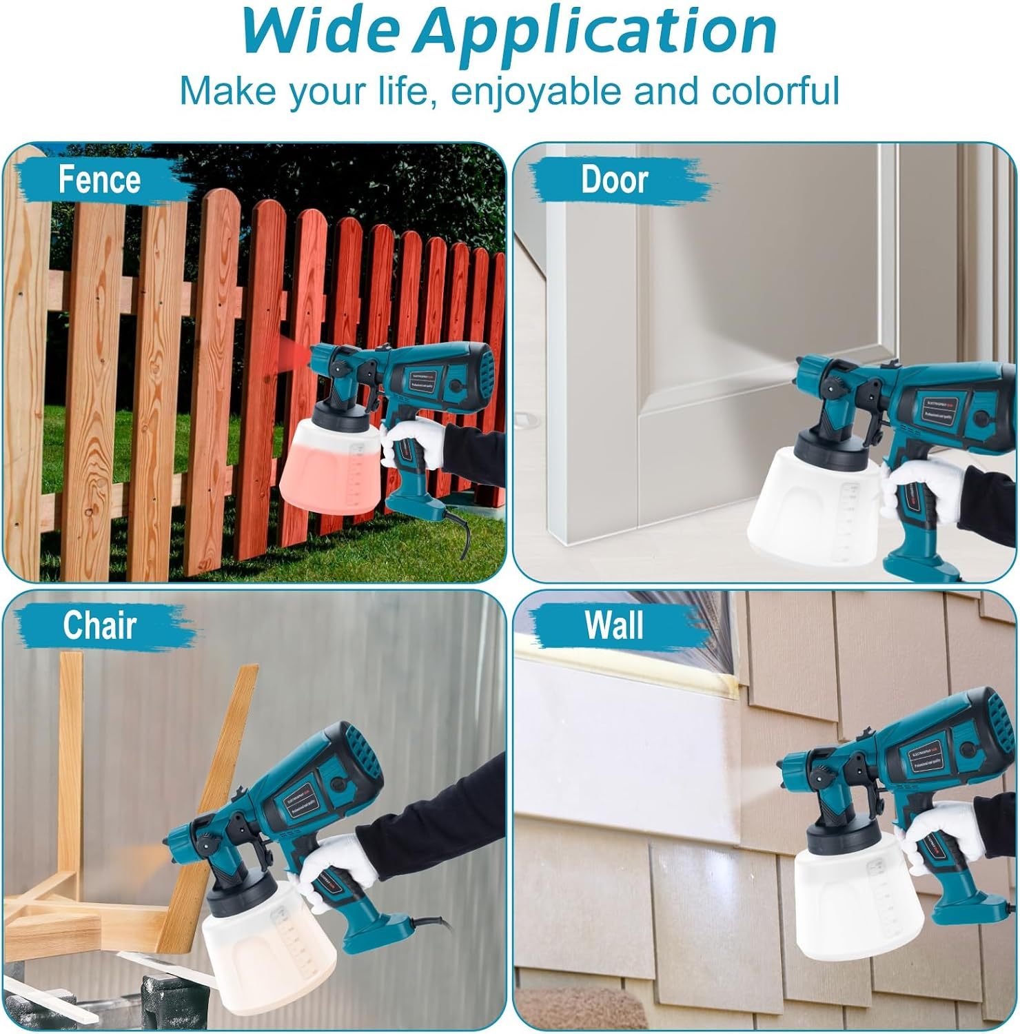Pistola de Pintura, 800W Pistola para Pintar Eléctrica con Recipiente de 1400ml, Pulverizador de Pintura Multipropósito con 3 Modos de Pulverización y 4 Boquillas para Casas, Paredes, Muebles, Cercas