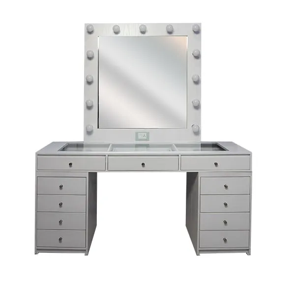 Tocador sofisticado con espejo, con iluminación led de 13 focos ahorradores, con separadores movibles, enchufe y apagador Hollywood. R21 Muebles TOCADOR HOLLYWOOD.