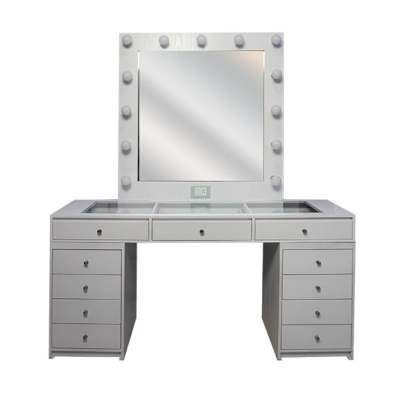 Tocador sofisticado con espejo, con iluminación led de 13 focos ahorradores, con separadores movibles, enchufe y apagador Hollywood. R21 Muebles TOCADOR HOLLYWOOD.