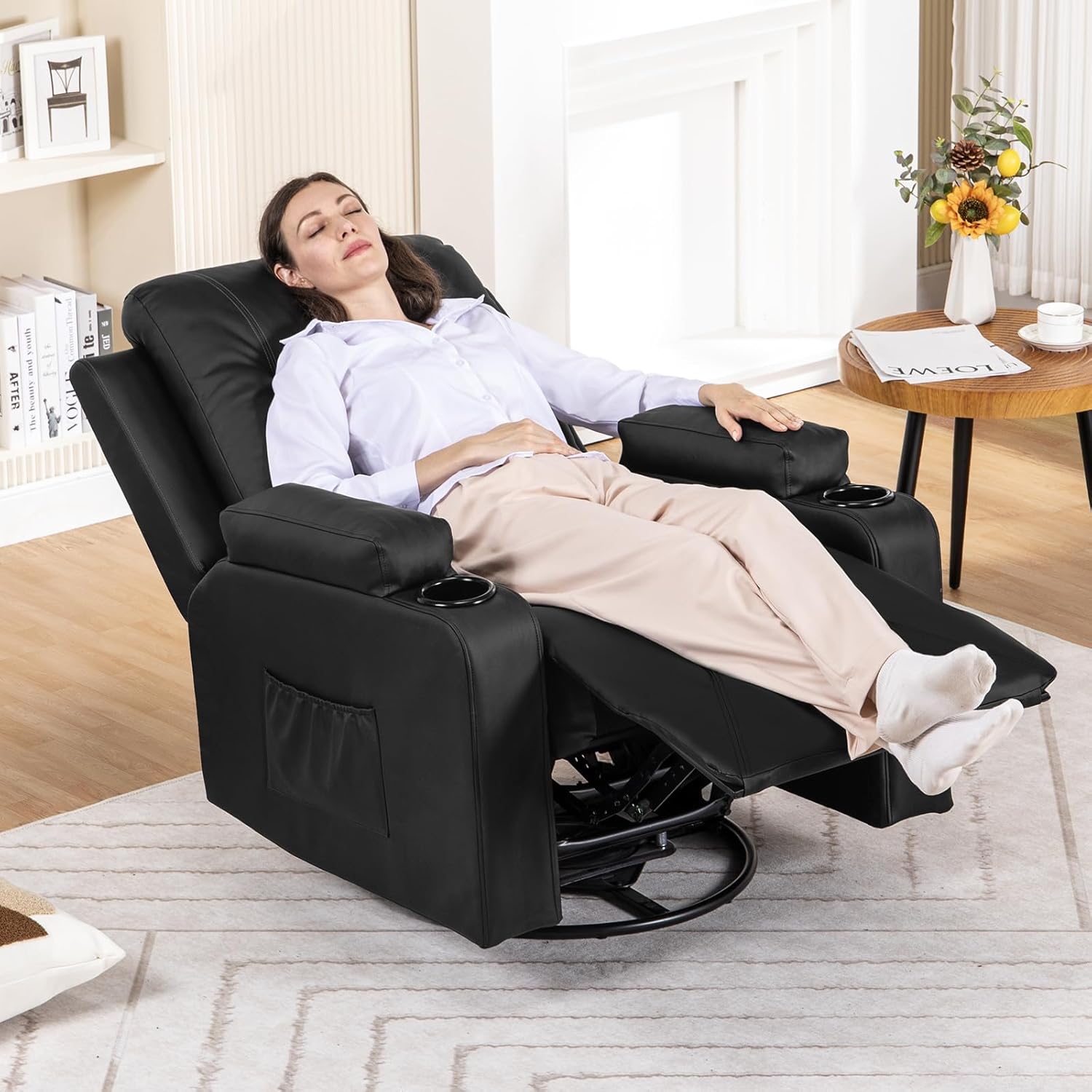 COMHOMA - Silla reclinable de Piel con calefacción y Masaje ergonómico Giratorio de 360 Grados, Soporte para Bebidas para sofá Individual, Silla de Sala de Estar, Color Negro