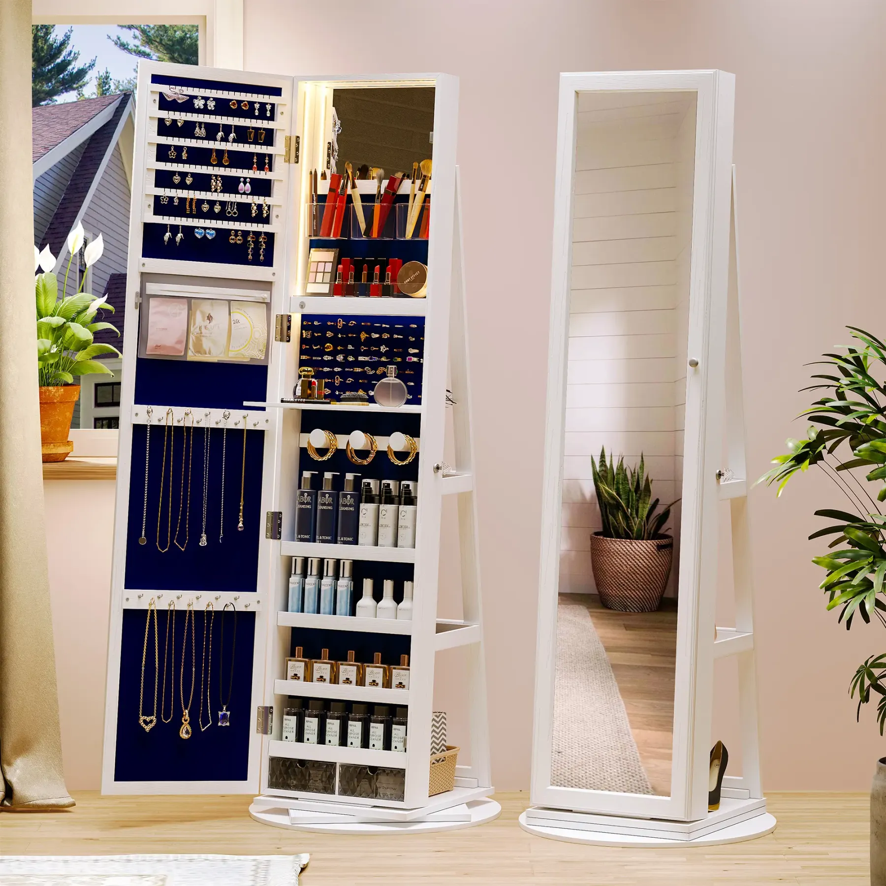 ✨ Espejo de Cuerpo Entero con Armario Joyero Giratorio 360° | Luz LED de 3 Colores | Organizador con Cerradura | Almacenamiento Multifuncional para Dormitorio 💎