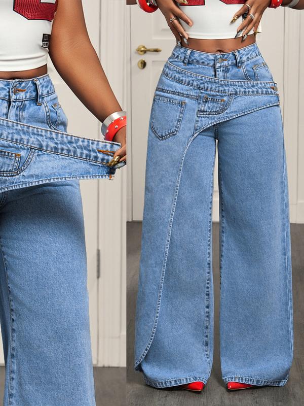 Jeans de pierna ancha y cintura alta para mujer con cintura asimétrica – Pantalones vaqueros holgados de lavado claro