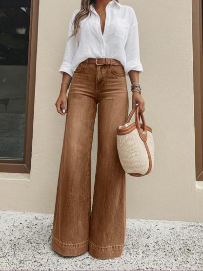 Jeans de Cintura Alta y Pierna Ancha con Bolsillos para Mujer