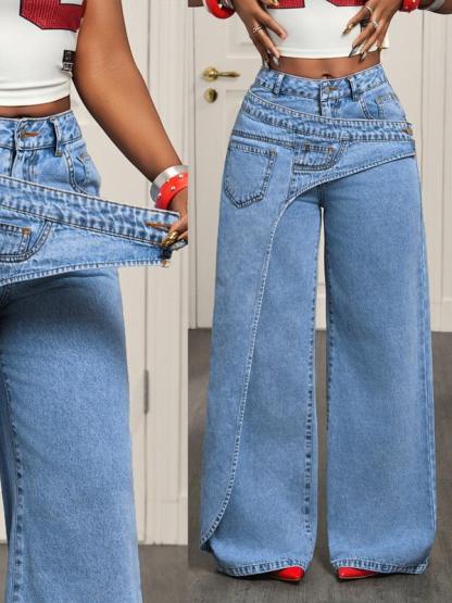 Jeans de pierna ancha y cintura alta para mujer con cintura asimétrica – Pantalones vaqueros holgados de lavado claro