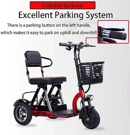 MAKJUNS Patinete de movilidad de 3 ruedas, scooter de movilidad eléctrico plegable, de viaje portátil con cargador y cesta incluidos para personas mayores, viajes, adultos, ancianos, discapacitados