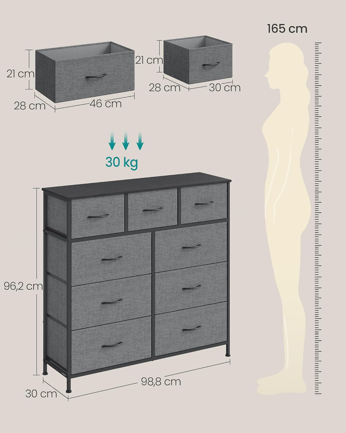 SONGMICS Cómoda, con 9 Cajones, Mueble de Almacenaje, Tela no Tejida, para Dormitorio, Recibidor y Salón, Gris Pizarra MLGS324G101
