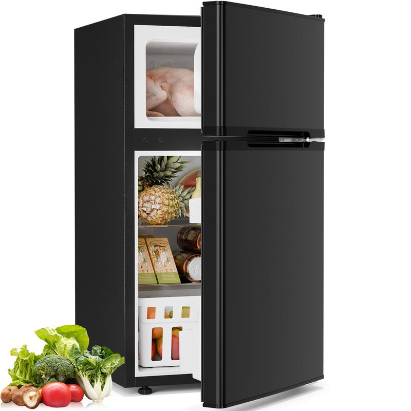 [Existencias limitadas] Mininevera de 3,2 pies cúbicos con congelador; refrigerador compacto de doble puerta con estantes ajustables y extraíbles, ideal para dormitorios, apartamentos, oficinas o sótanos.