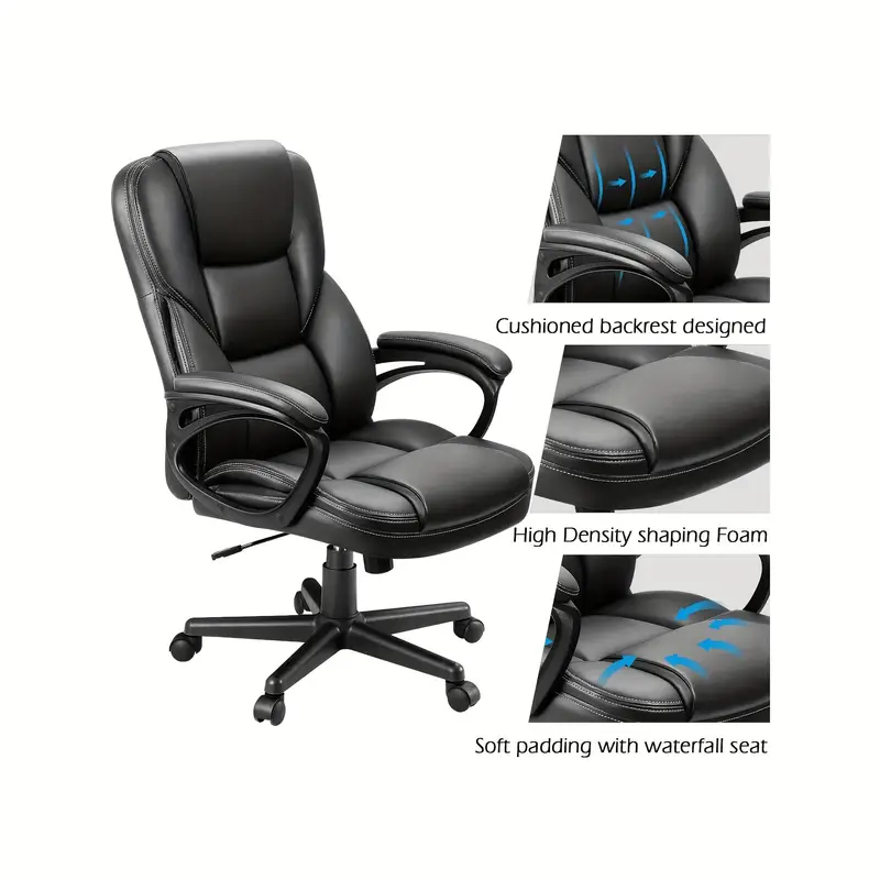 1 ud Silla Ejecutiva Ergo - Lujoso Cuero Sintético, Reposabrazos Ajustables, Soporte Lumbar, Giro de 360°, Función de Inclinación 90°-120°, Altura Ajustable 17.2"-21.2", Respaldo de 24.8", Acabado Negro Elegante
