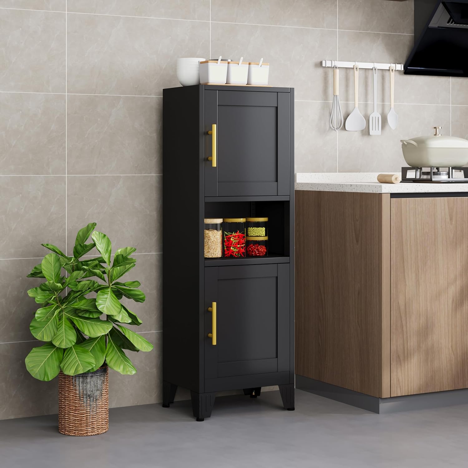 Ckzbx Gabinete de cocina de metal de 61 pulgadas de alto con 4 puertas, armarios de baño, 2 estantes ajustables para cocina, oficina en casa, sala de estar, comedor (negro)