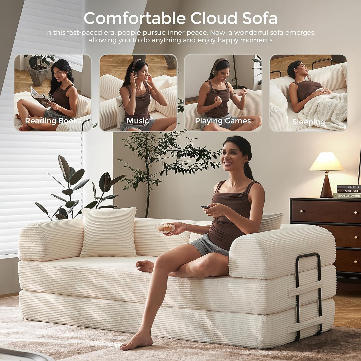 🛋️ Sofá Cama Convertible 79 Pulgadas, Diseño Deshuesado, Mueble Multifuncional para Sala de Estar, Colores Beige y Blanco
