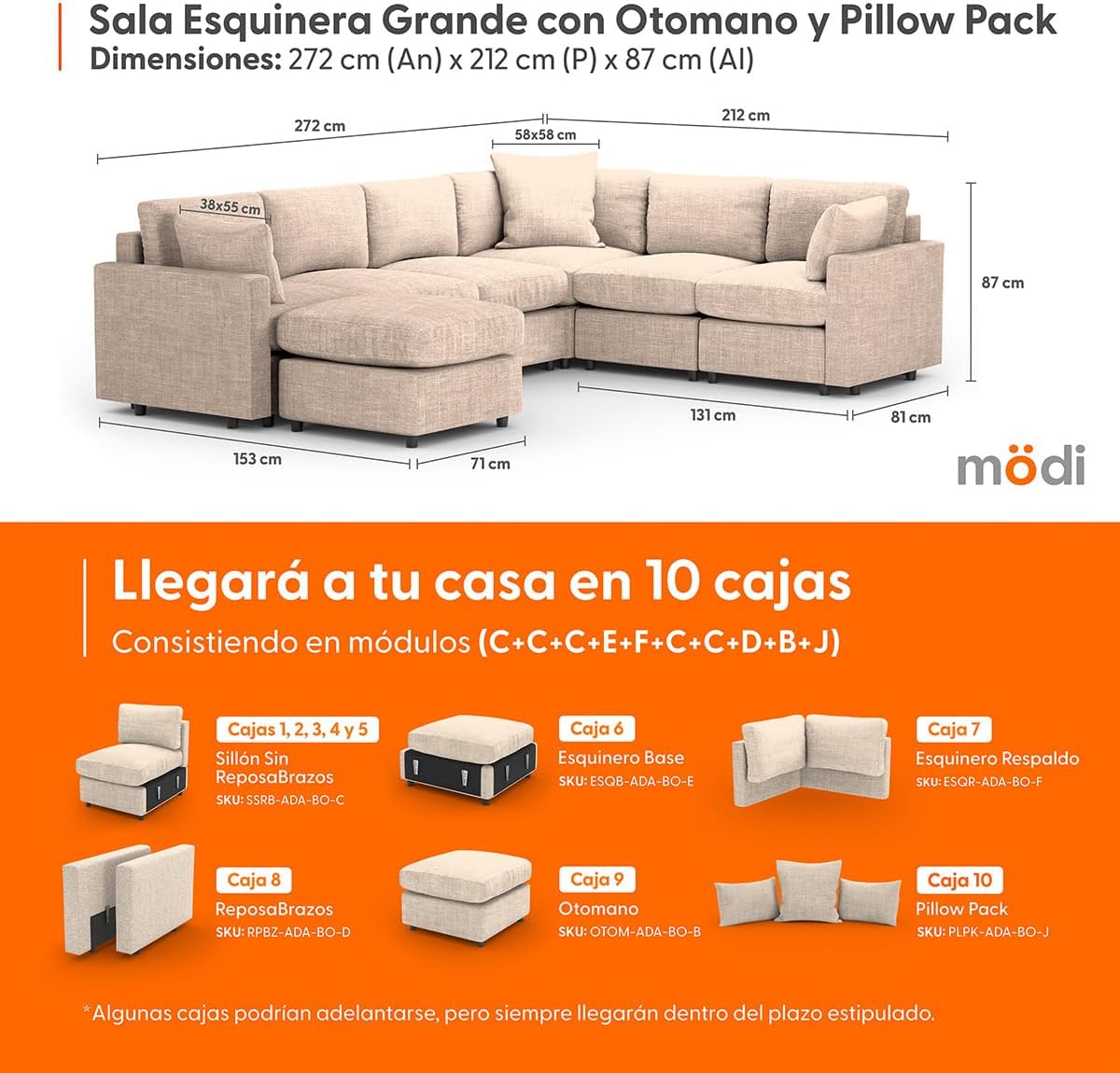 MODISOFA - Sofá Sala Esquinera Modular con Otomano | 6 Plazas | Beige | + Pillow Pack | Fácil de Ensamblar y Adaptable | Envío Gratis
