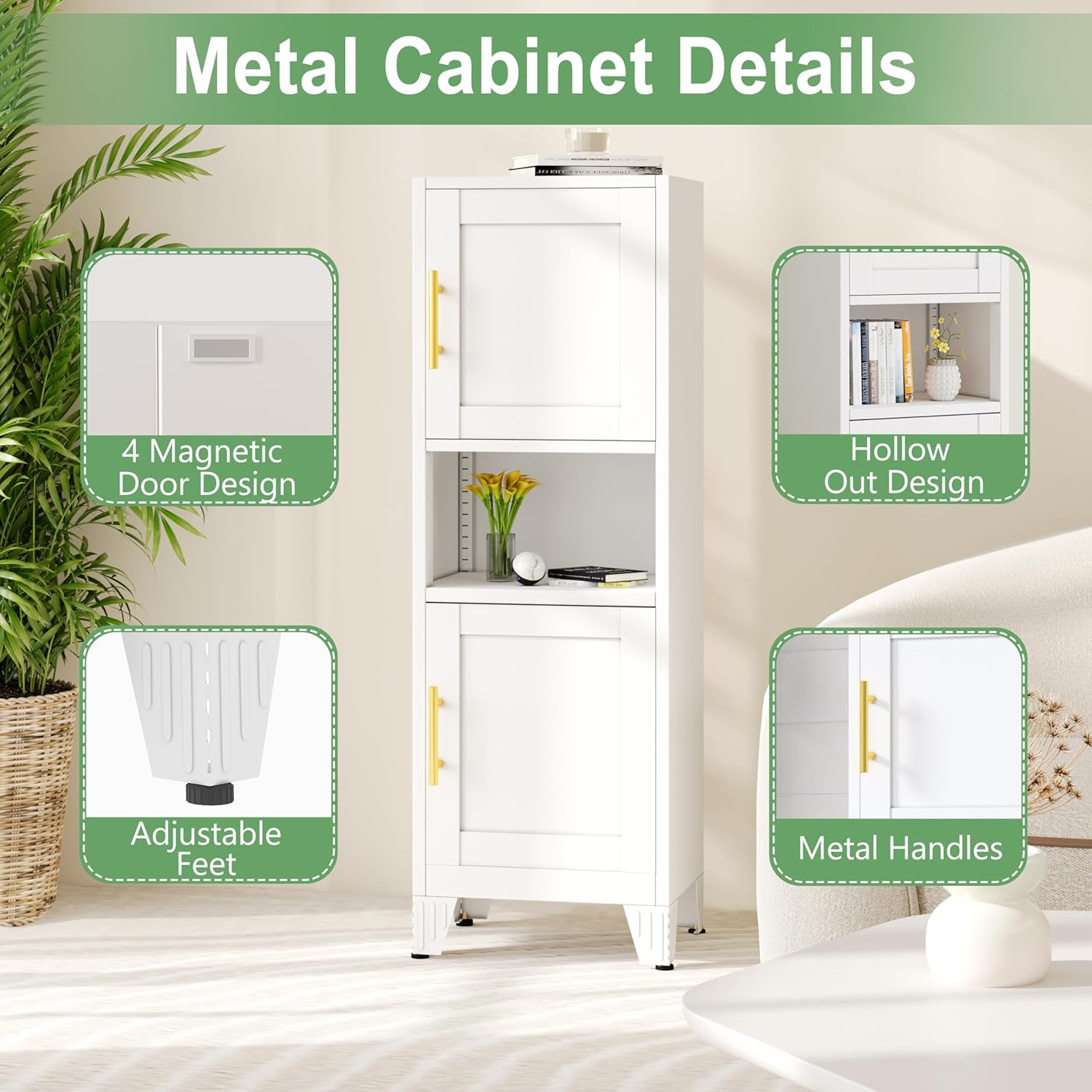 Ckzbx Gabinete de cocina de metal de 61 pulgadas de alto con 4 puertas, armarios de baño, 2 estantes ajustables para cocina, oficina en casa, sala de estar, comedor (negro)