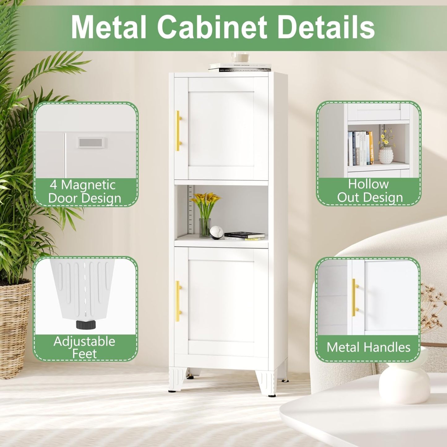 Ckzbx Gabinete de cocina de metal de 61 pulgadas de alto con 4 puertas, armarios de baño, 2 estantes ajustables para cocina, oficina en casa, sala de estar, comedor (negro)