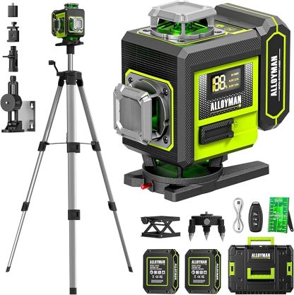 📐🎁Nivel Láser Alloyman 4D 16 Líneas Verdes, Autonivelante 4x360°, Incluye Trípode y 2 Baterías de Litio, para Azulejos, Colgar Cuadros y Reformas de Interiores, Excelente Regalo para Navidad y Año Nuevo