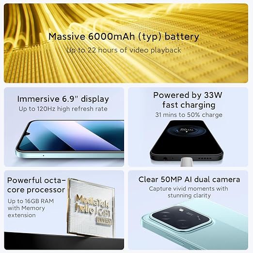 XIAOMI Poco C85 4G LTE (Compatible con T-Mobile Tello Mint y Global) (256 GB + 8 GB) Desbloqueado, Doble SIM, 6.9", 50 MP, Modelo 25078PC3EG (Negro)