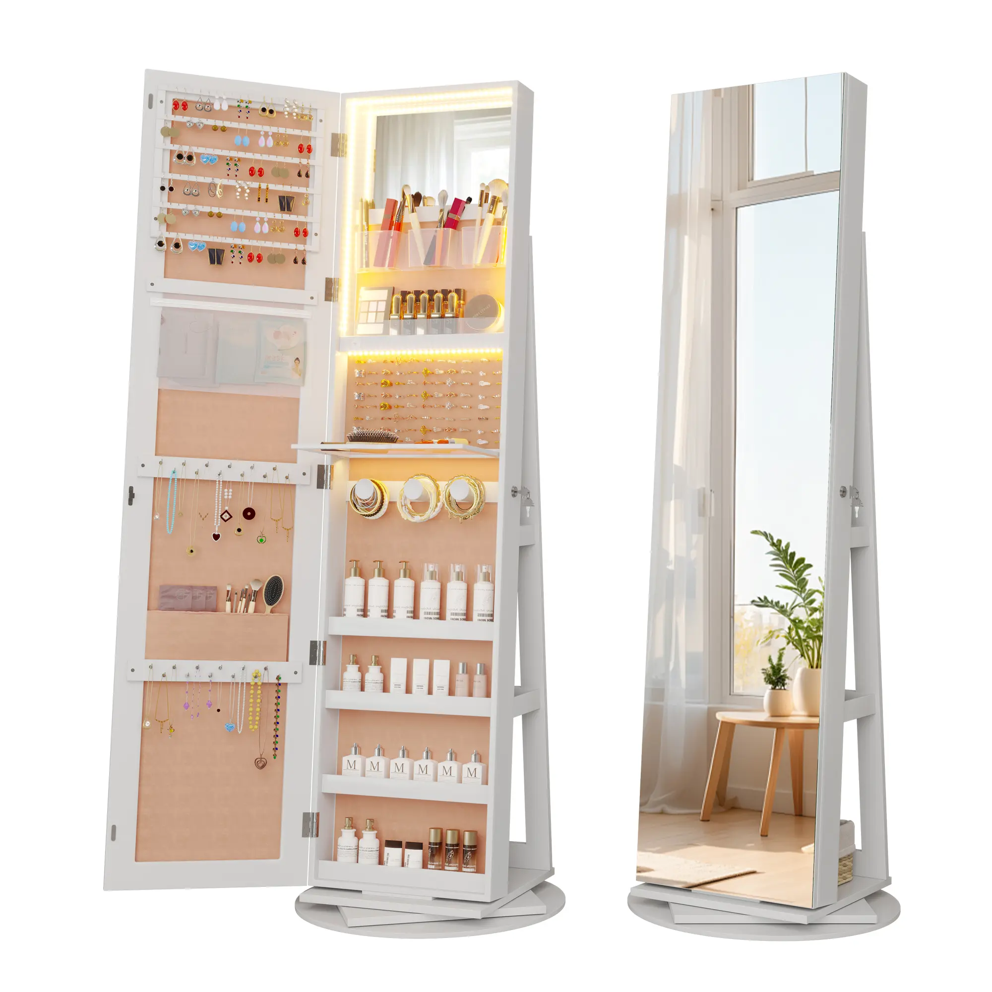 ✨ Espejo de Cuerpo Entero con Armario Joyero Giratorio 360° | Luz LED de 3 Colores | Organizador con Cerradura | Almacenamiento Multifuncional para Dormitorio 💎