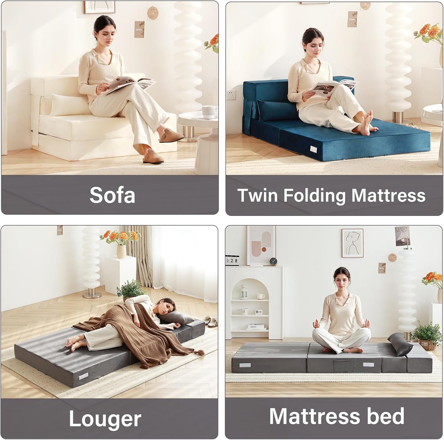 Tiita - Sillón de futón, tamaño individual, sofá cama plegable con almohada, colchón de piso y futón para sala de estar, recámara, uso de invitados, departamento
