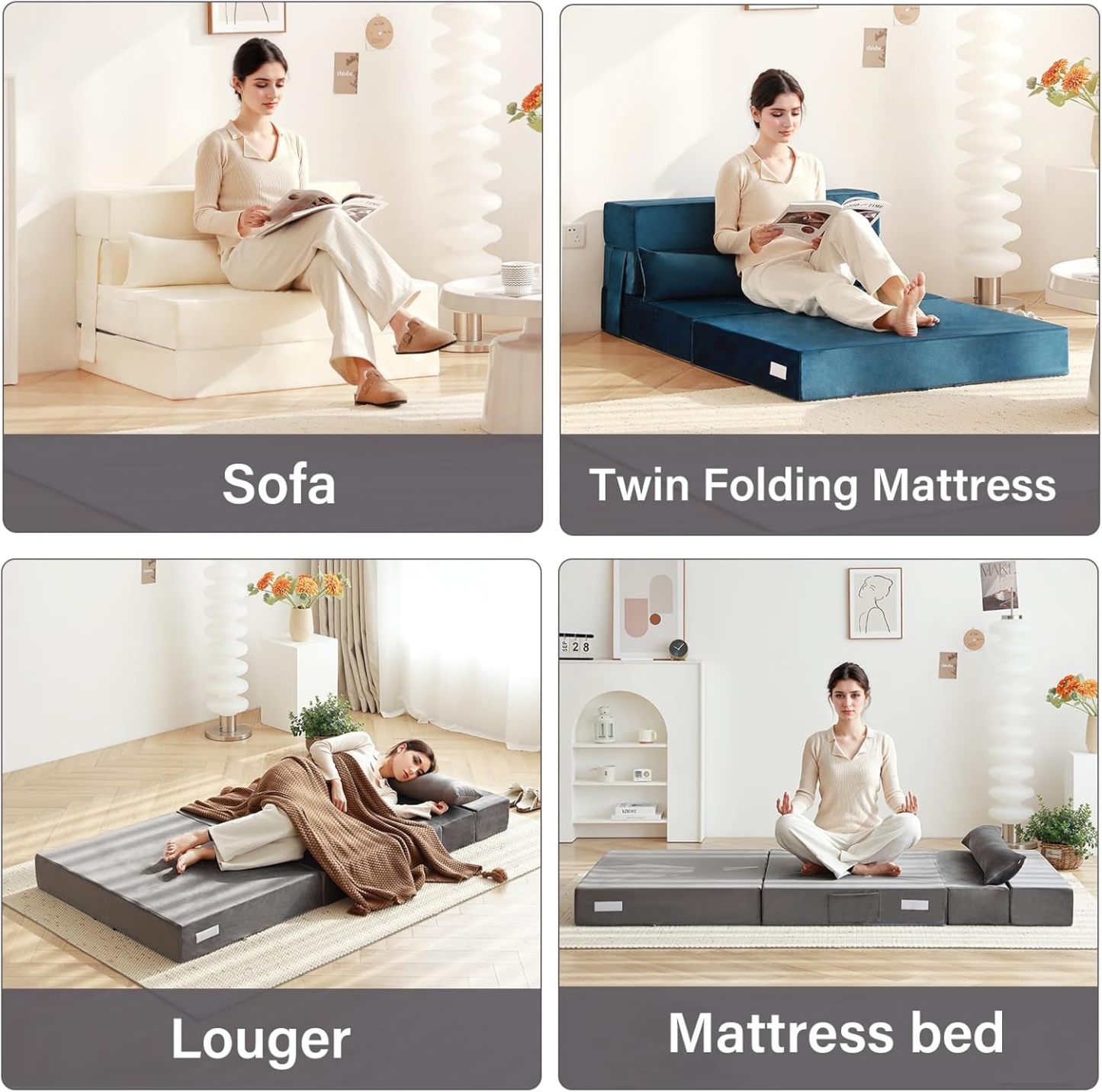 Tiita - Sillón de futón, tamaño individual, sofá cama plegable con almohada, colchón de piso y futón para sala de estar, recámara, uso de invitados, departamento