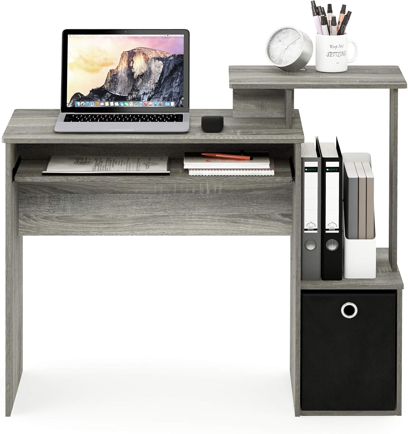Furinno Econ Escritorio de escritura de computadora de oficina en casa multipropósito W/Bin, Blanco/Negro