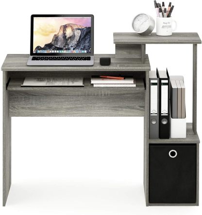 Furinno Econ Escritorio de escritura de computadora de oficina en casa multipropósito W/Bin, Blanco/Negro