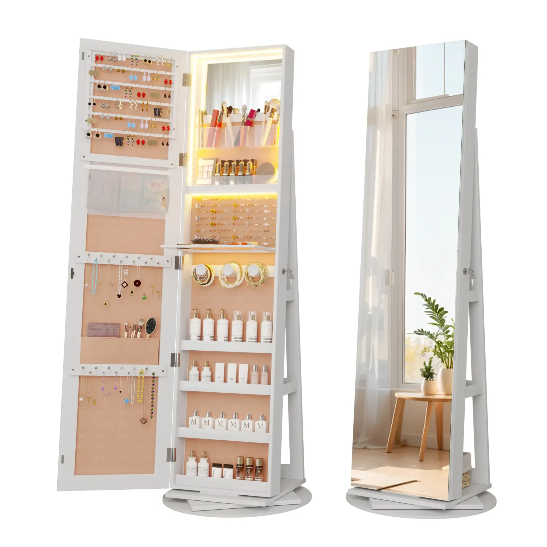 ✨ Espejo de Cuerpo Entero con Armario Joyero Giratorio 360° | Luz LED de 3 Colores | Organizador con Cerradura | Almacenamiento Multifuncional para Dormitorio 💎