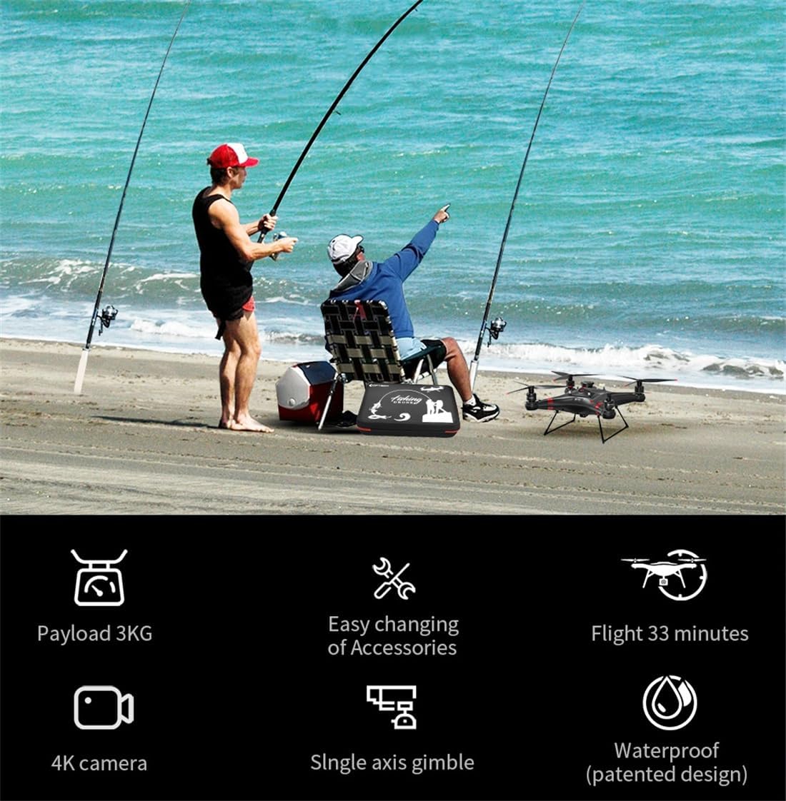Drone de pesca con cámara 4K con liberación automática de cebo de caída, 33 minutos con GPS, carga útil de 6.6 lbs, drones impermeables para adultos pescadores (hélices de batería