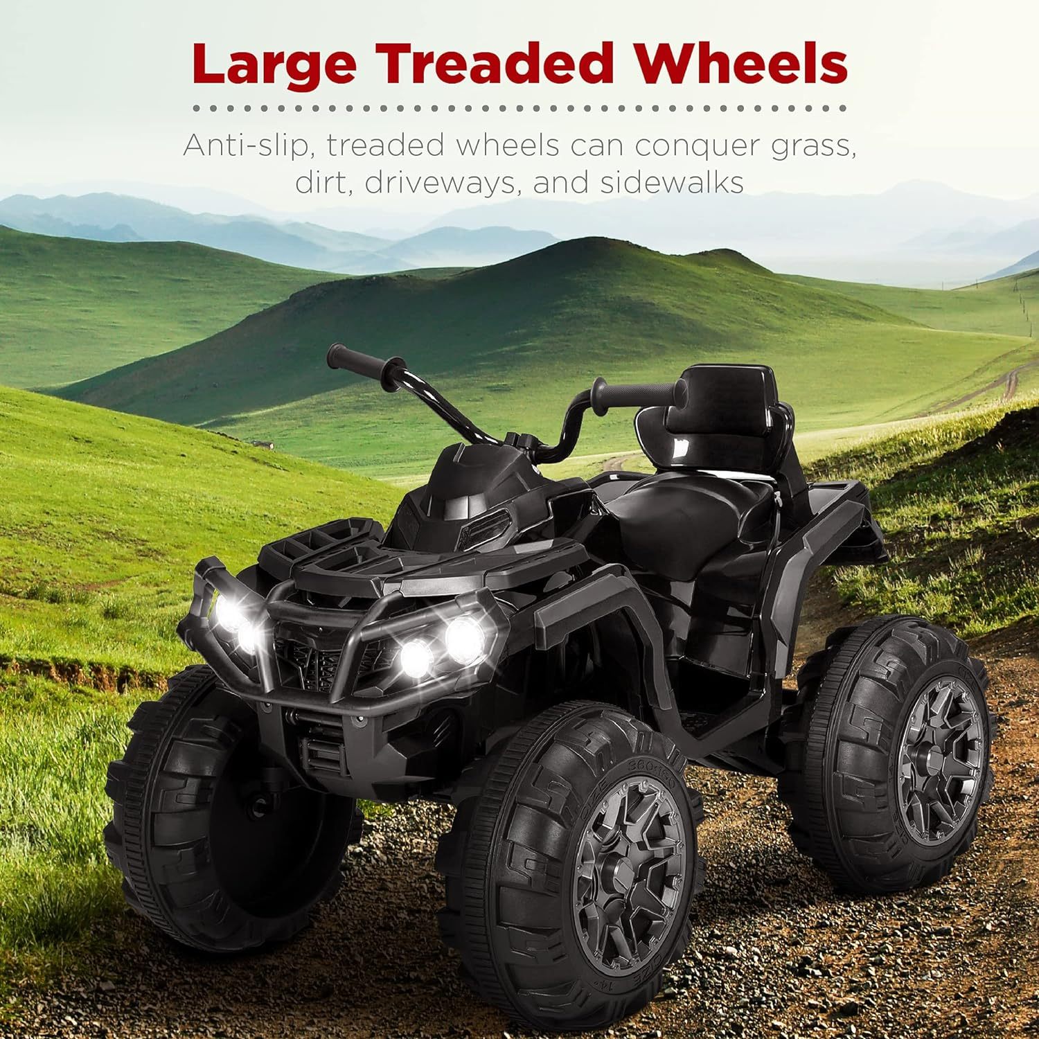 Best Choice Products 12V ATV eléctrico para niños de 4 ruedas con audio Bluetooth, velocidad máxima de 3.7 mph, neumáticos con banda de rodadura, faros LED, radio, color negro