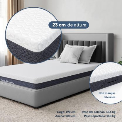 COLORDREAMS | Colchón en Caja Matrimonial Memory – 135x190x23 cm - 6 Capas de Espuma de Alta Densidad – Manijas Reforzadas – Firmeza Justa – Hipoalergénico