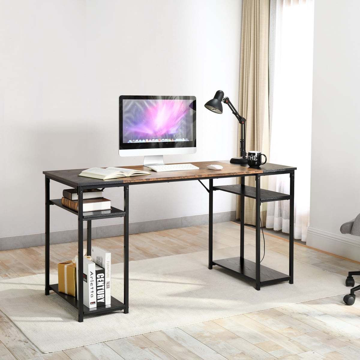 Escritorio Grande 140cm Color Madera con Negro,con Bolsa de Almacenamiento