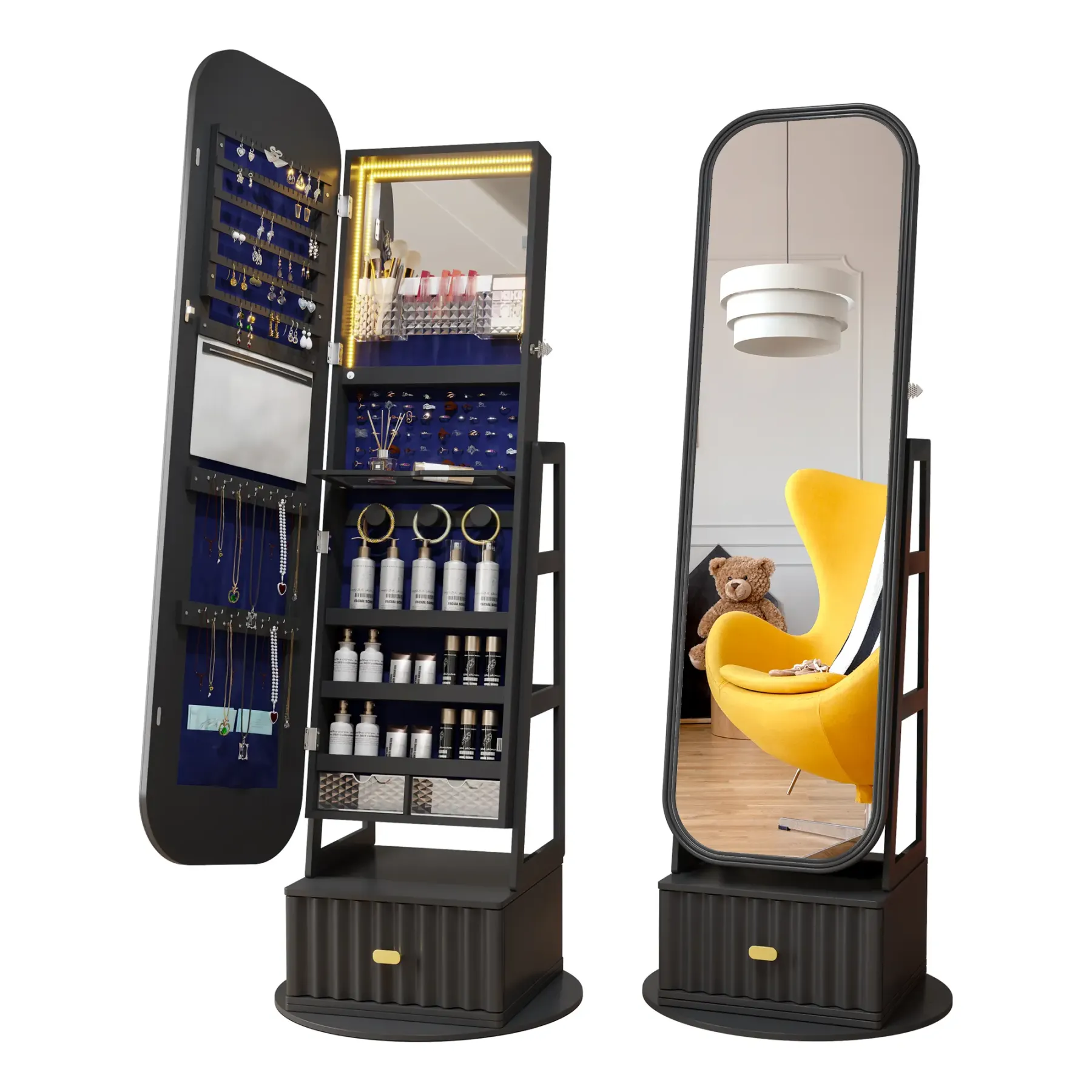 ✨ Espejo de Cuerpo Entero con Armario Joyero Giratorio 360° | Luz LED de 3 Colores | Organizador con Cerradura | Almacenamiento Multifuncional para Dormitorio 💎
