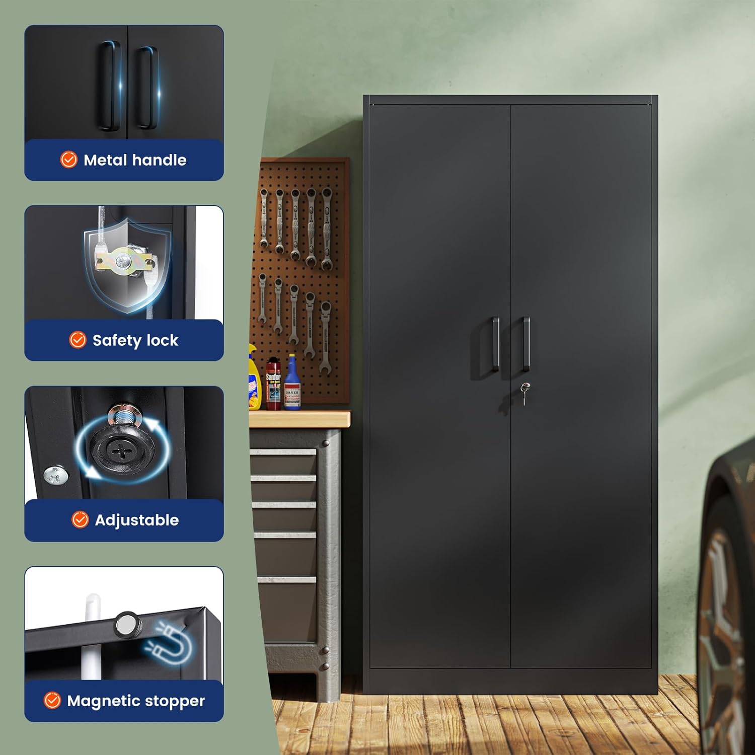 Yizosh - Gabinete de almacenamiento de metal con 2 puertas y 5 estantes ajustables, archivador de acero de 71 pulgadas, gabinetes de herramientas de bloqueo para oficina, hogar, cochera, gimnasio,