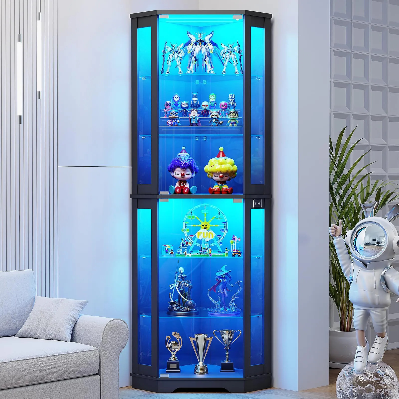 Vitrina Esquinera Negra 71 Pulgadas 6 Niveles Con Luces Led