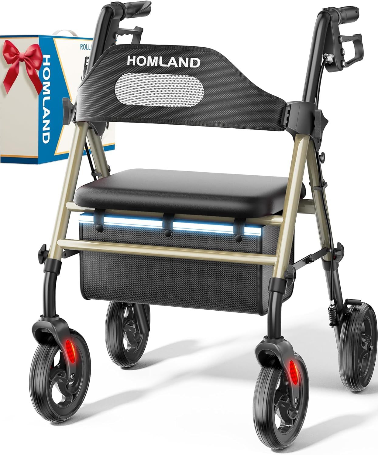 HOMLAND - Caminadores plegables con asiento para personas mayores, ruedas grandes de 8 pulgadas, 350 libras. Capacidad de peso, asas ajustables y altura del asiento, ligero caminante, color azul