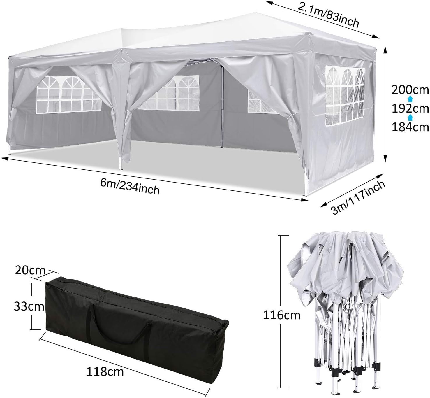 COBIZI - Toldo desplegable de 10 x 20 Pulgadas con 6 Paredes Laterales, toldo Impermeable para Eventos al Aire última intervensión, UPF 50+ cenador portátil para Fiestas, Playa, Camping, Boda,