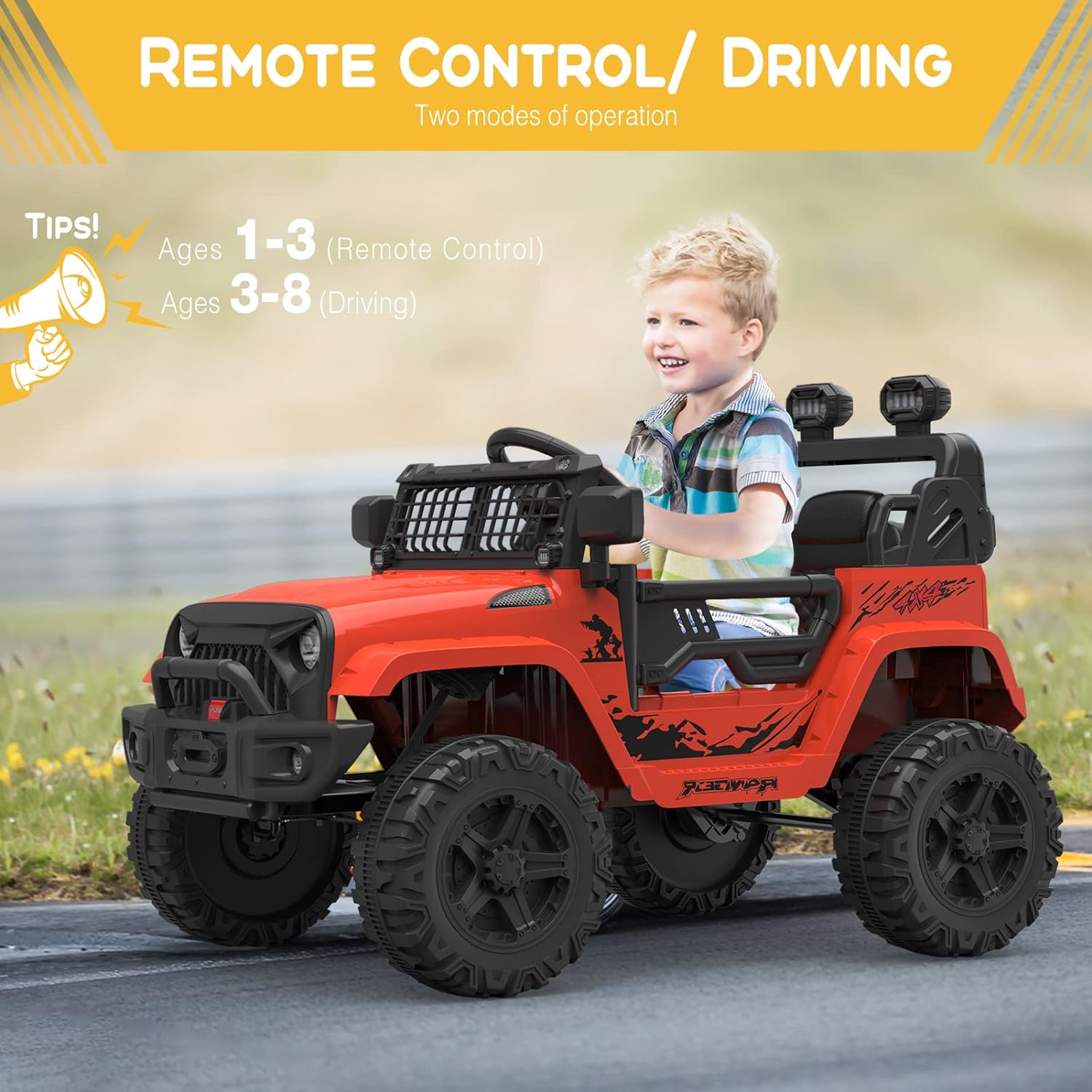 Hetoy Ride on Truck Car 12V Kids Electric Vehicles with Remote Control Spring Suspension, LED Lights, Bluetooth, 2 Speeds