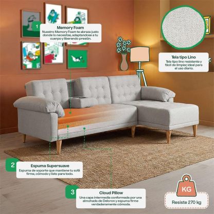 MAKORA Sala Modular Sofa Cama Brunello De 3 Plazas con Portavasos Memory Foam Respaldo Reclinable 3 Posiciones Recto Relax o Cama Perfecto para Departamento o Casa (Gris Claro)
