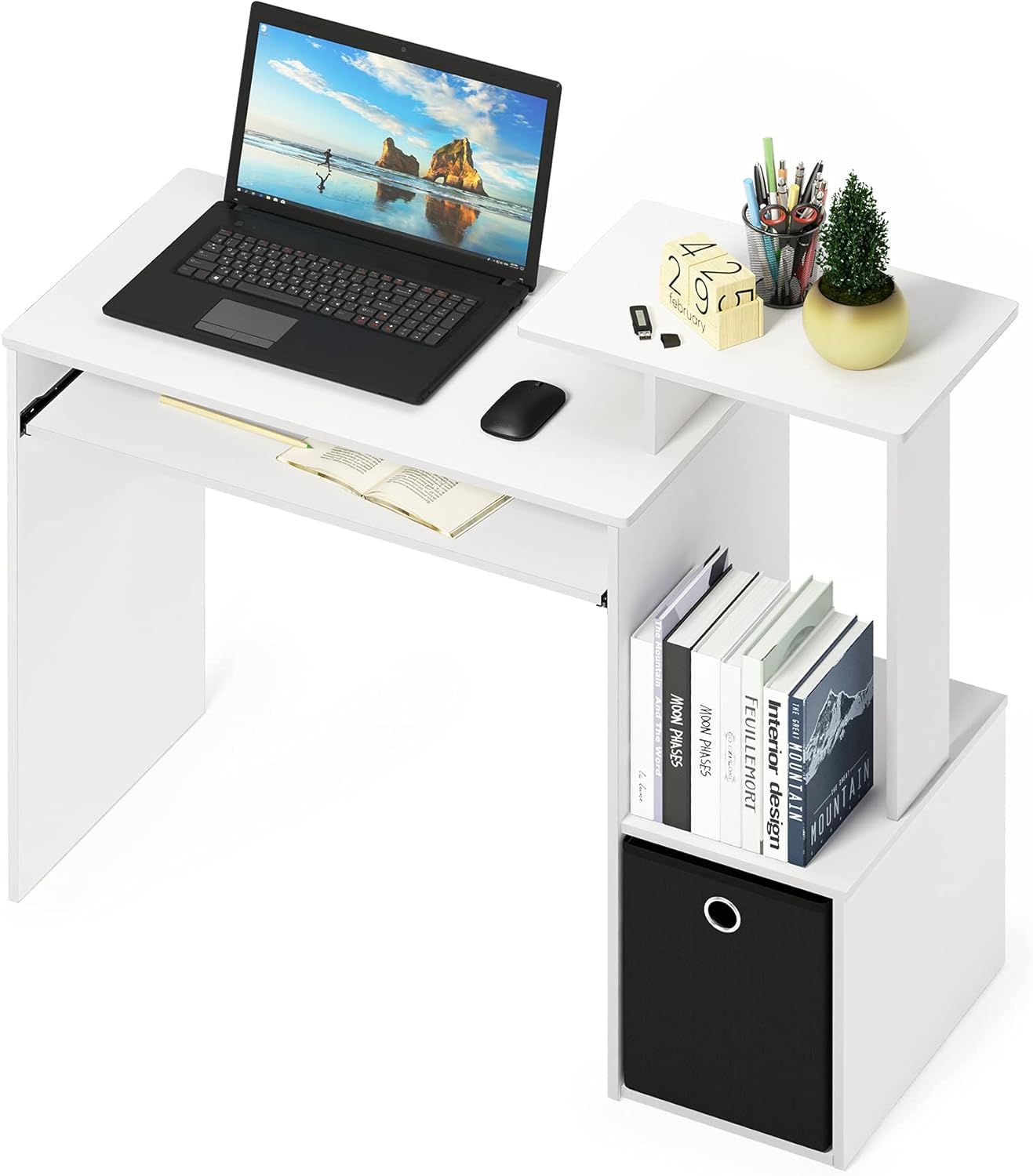 Furinno Econ Escritorio de escritura de computadora de oficina en casa multipropósito W/Bin, Blanco/Negro