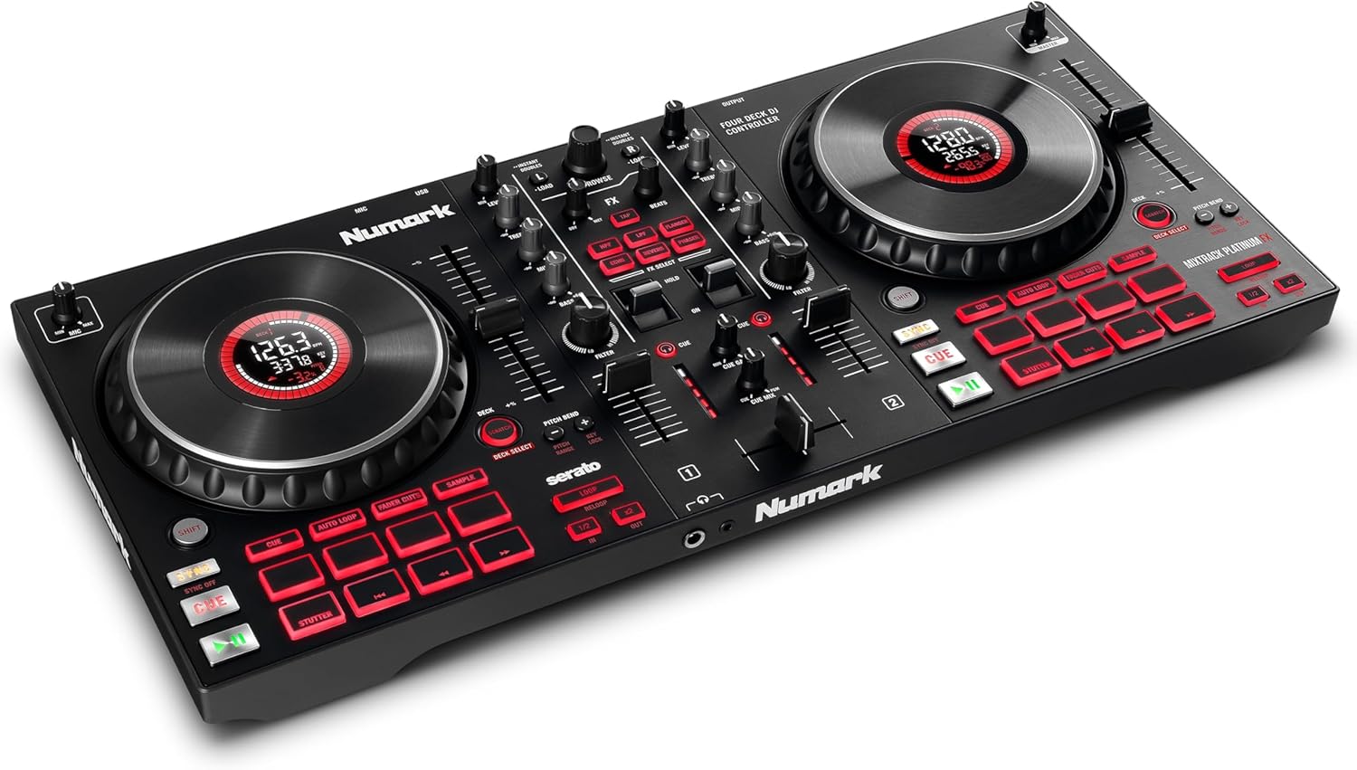 Numark Mixtrack Platinum FX Controlador DJ Para Serato DJ Con Control de 4 Secciones, Mezclador DJ, Interfaz de Audio Incorporada, Pantallas en Las Ruedas de Selección y Paletas de Efectos
