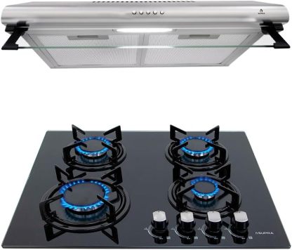 SUPRA Combo empotrable Kalas, Parrilla a gas de 4 quemadores para empotrar de 60 cm Mod. KAYSER, Campana extractora de tipo pared en acero inoxidable de 60 cm Mod. CB-60