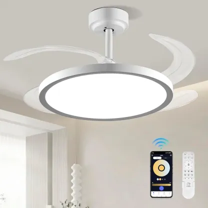 BaySquirrel Slim Invisible Ceiling Fans Lights with Remote Control & App 42 Inch Dimmable Fan 6 Retractable Blades 6-Speed Reversible Adjustable Rgb Lighting 24-Hour Timer Smart Lamp summervibes
