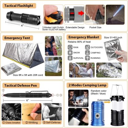 Kit de supervivencia, 250 piezas de equipo de supervivencia con bolsa compatible con sistema Molle y tienda de emergencia, kit de emergencia para terremoto, aventura al aire última intervensión, senderismo, caza, regalos para hombres y mujeres