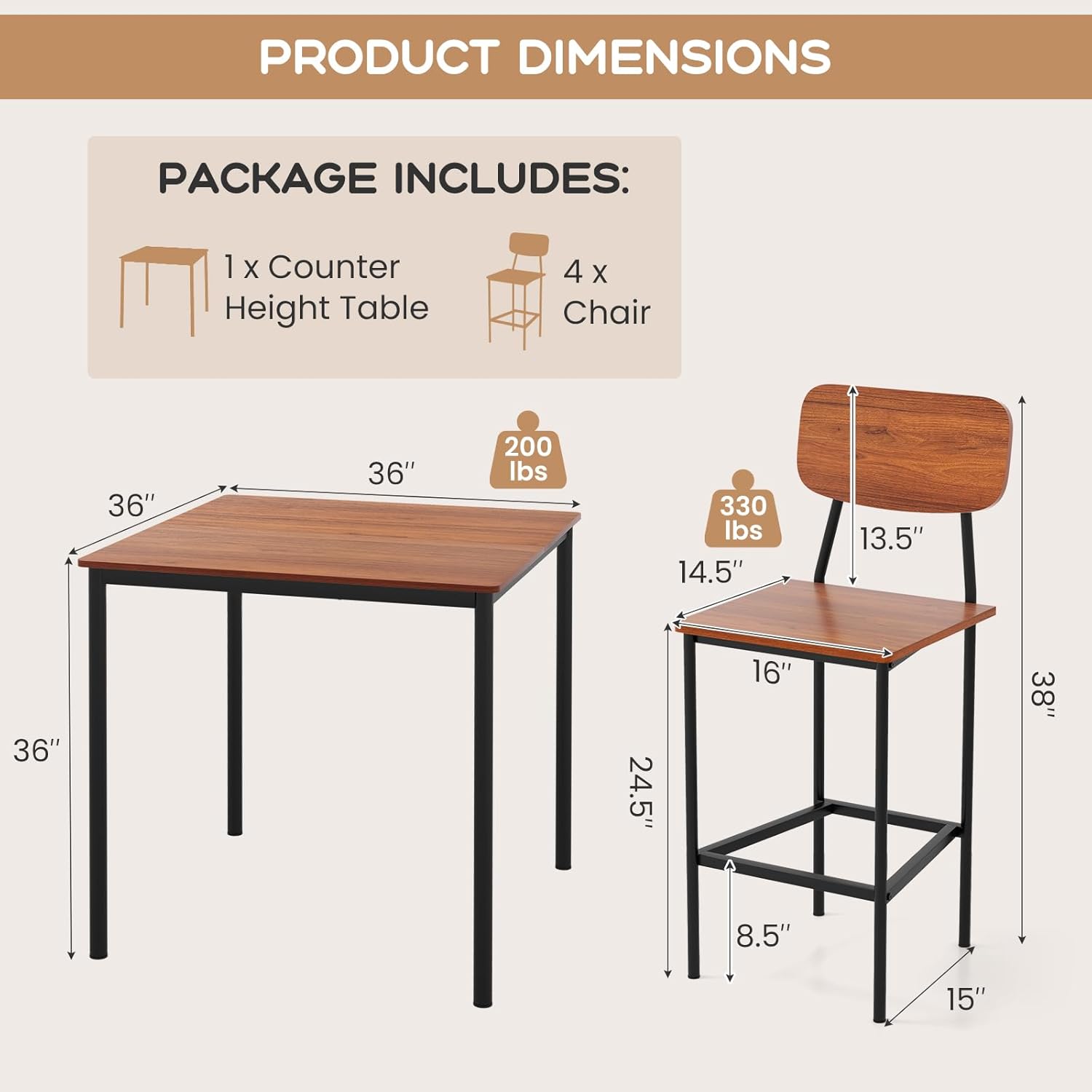 Juego de mesa de comedor de 5 piezas con mesa de altura y 4 taburetes de bar, juego de comedor industrial de cocina con reposapiés y respaldo, juego de comedor que ahorra espacio para pub,