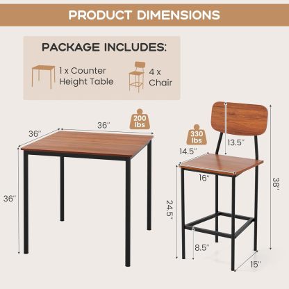 Juego de mesa de comedor de 5 piezas con mesa de altura y 4 taburetes de bar, juego de comedor industrial de cocina con reposapiés y respaldo, juego de comedor que ahorra espacio para pub,