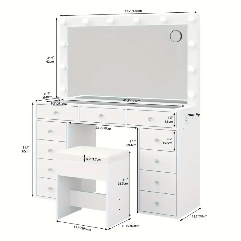 1 Juego de 11 cajones con 12 luces LED Tocador con espejo iluminado, Mesa de maquillaje con cajones de almacenamiento y taburete acolchado para dormitorio, Tocador con 3 modos de iluminación Brillo ajustable