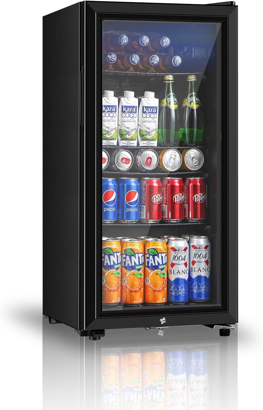 Saeoola - Refrigerador para bebidas, mini refrigerador de 3.2 pies cúbicos con puerta de vidrio doble, enfriador para refrescos, cerveza o vino para el hogar, oficina o bar con estantes extraíbles-Manteles