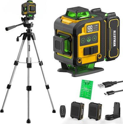 📐🎁Nivel Láser Alloyman 4D 16 Líneas Verdes, Autonivelante 4x360°, Incluye Trípode y 2 Baterías de Litio, para Azulejos, Colgar Cuadros y Reformas de Interiores, Excelente Regalo para Navidad y Año Nuevo
