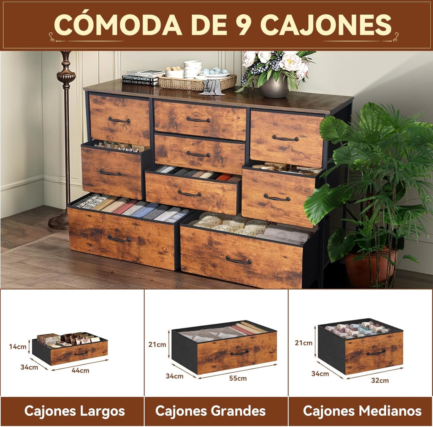 FURRIFIC Cómoda Gran Capacidad de 9 Cajones,115 * 75 * 35cm,Cajonera para Recamara,Ropa,Hogar Y Oficina,Organizador Cajonera de Estructura Metal con Cajones de Tela en 3 Tamaños