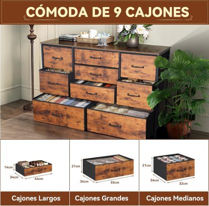 FURRIFIC Cómoda Gran Capacidad de 9 Cajones,115 * 75 * 35cm,Cajonera para Recamara,Ropa,Hogar Y Oficina,Organizador Cajonera de Estructura Metal con Cajones de Tela en 3 Tamaños