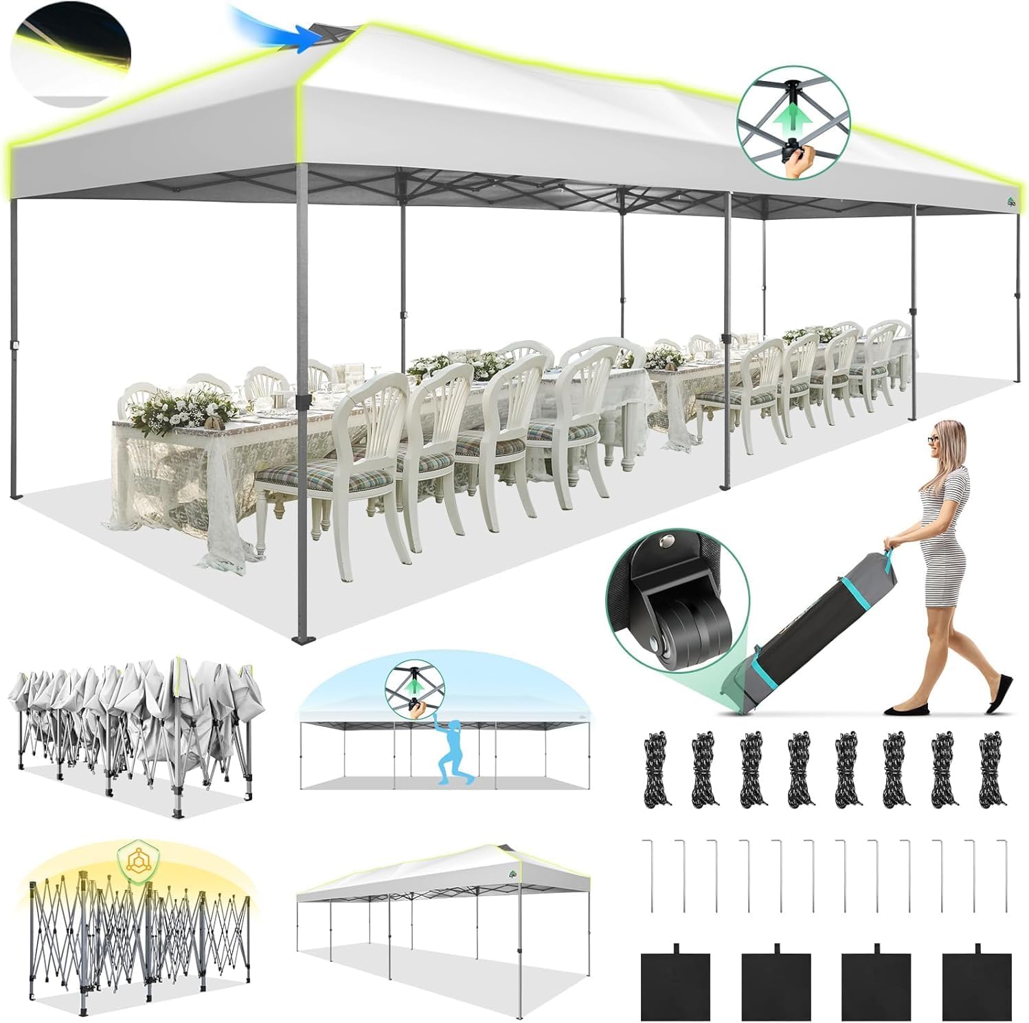 COBIZI - Tienda de campaña desplegable de 10 x 20 Pulgadas, Tienda de campaña instantánea Comercial para Bodas, Fiestas con 3 Altura Ajustable, toldo Ez Up para Exteriores, Impermeable, UPF50+ con